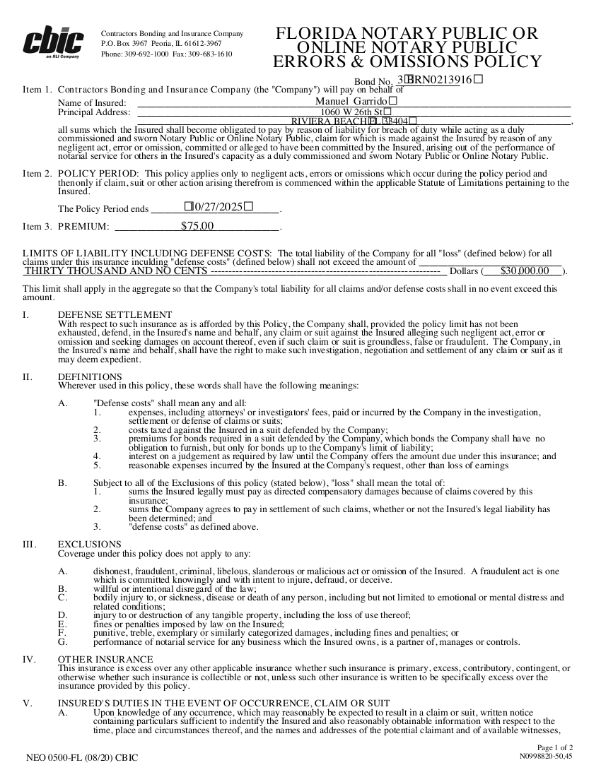 Insurance Certificate (page 1)